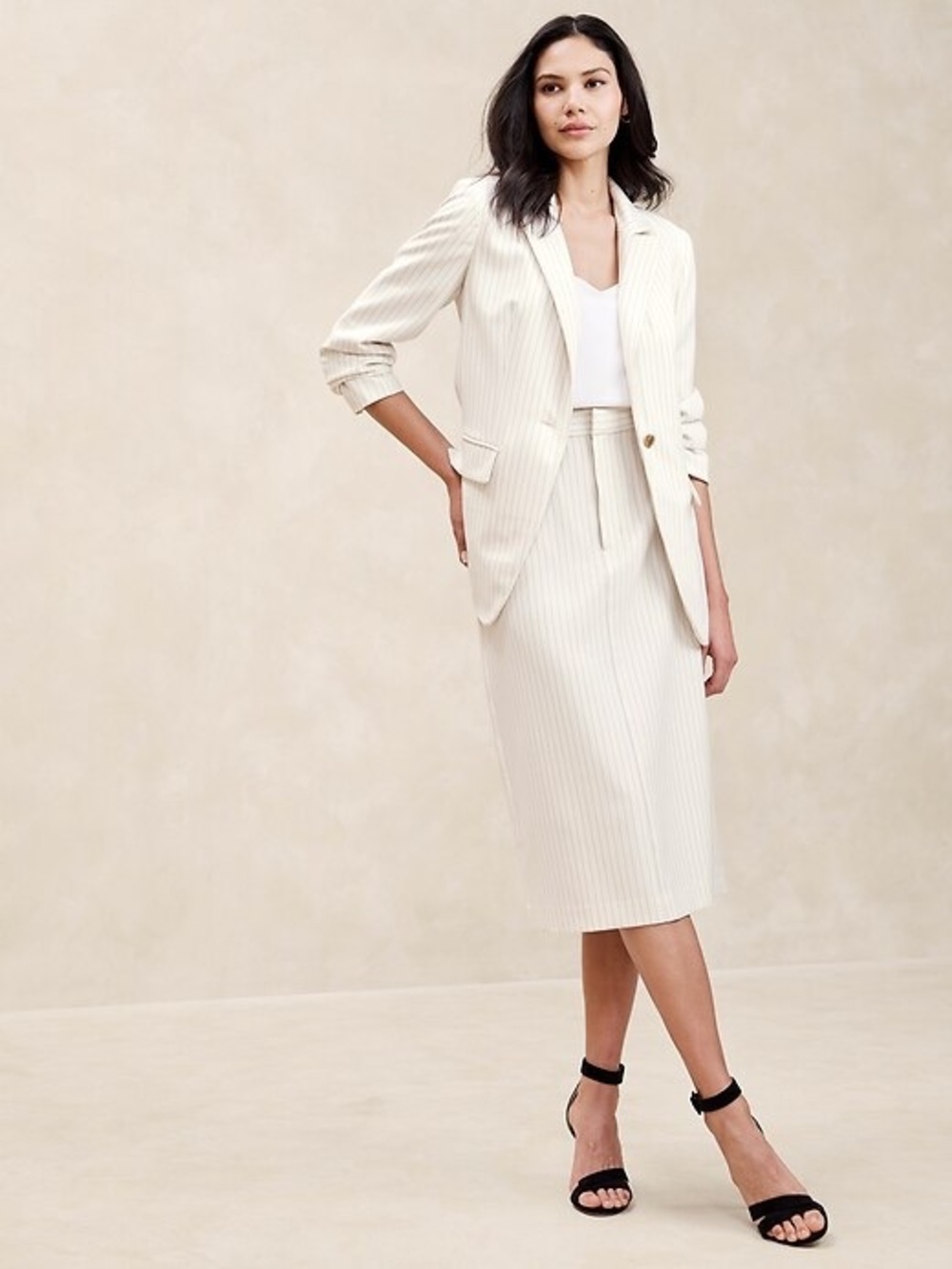 Banana Republic Sculpted Midi Skirt Cream Pinstripe